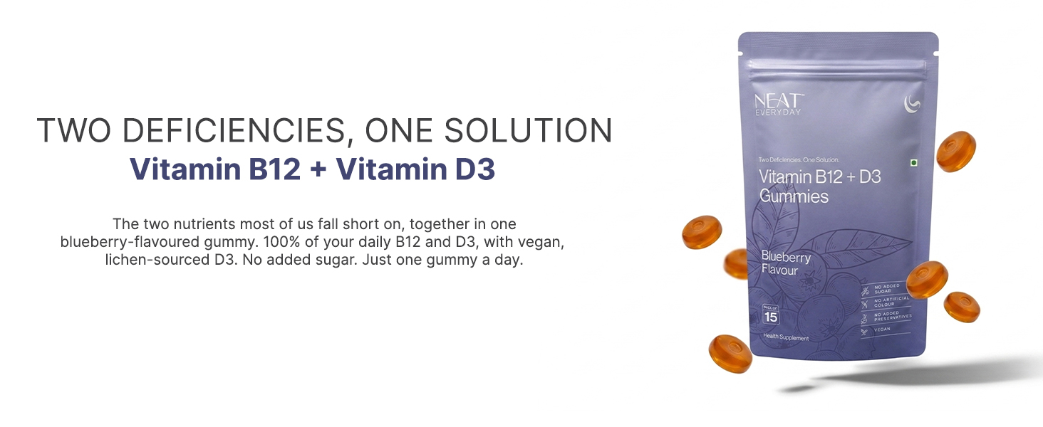 NEAT EVERYDAY Vitamin B12 + D3 Gummies | Blueberry Flavour | No Added Sugar | Vegan Gummies | No Artificial Colour & Preservatives | Health Supplement | Pack of 15