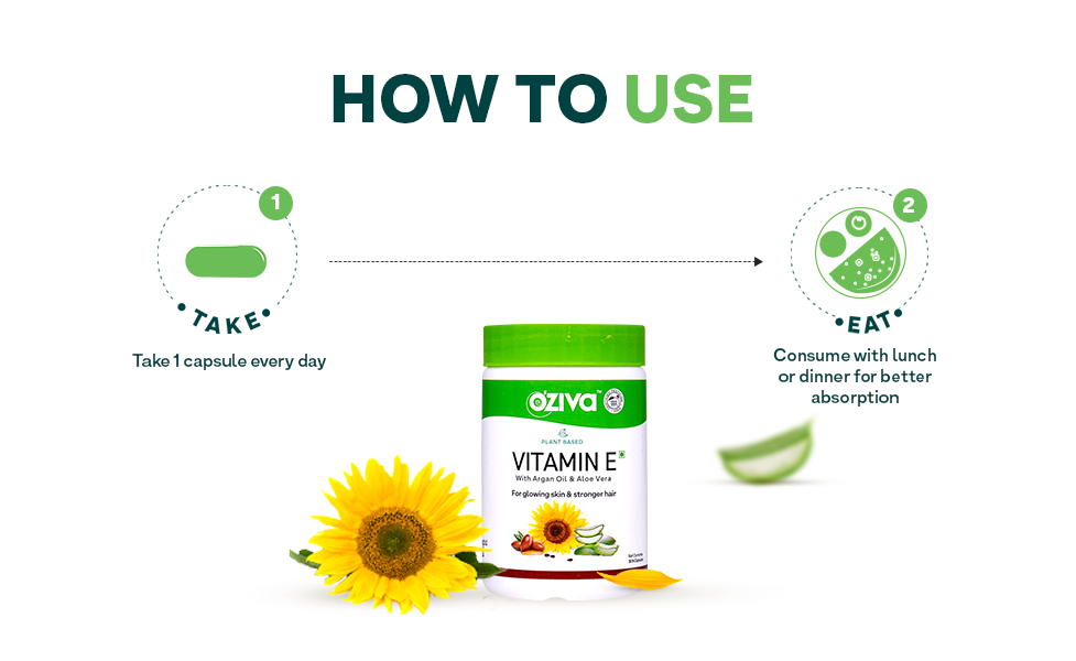 OZiva Plant Based Natural Vitamin E Capsules for Face & Hair with Sunflower oil, Aloe vera oil ,Argan oil, Vegan &Natural Vitamin E for Glowing Skin & Stronger Hair (Vitamin E, Pack of 1, 30 Capsules)