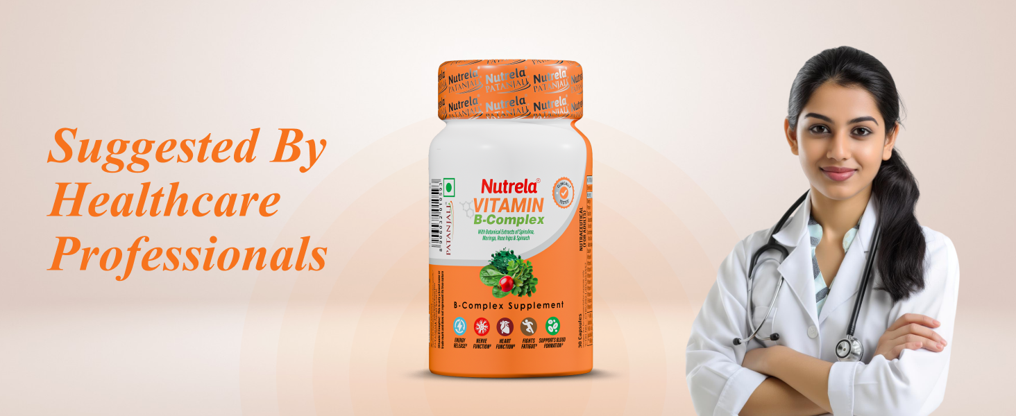 Nutrela B Complex with B1, B2, B3, B5, B6, B7, B9, & Vitamin B12 for Men & Women | Vitamins, Moringa and Spirulina for Energy, Gut, Immunity & Brain Health - 30 Veg Capsules (Pack of 2)