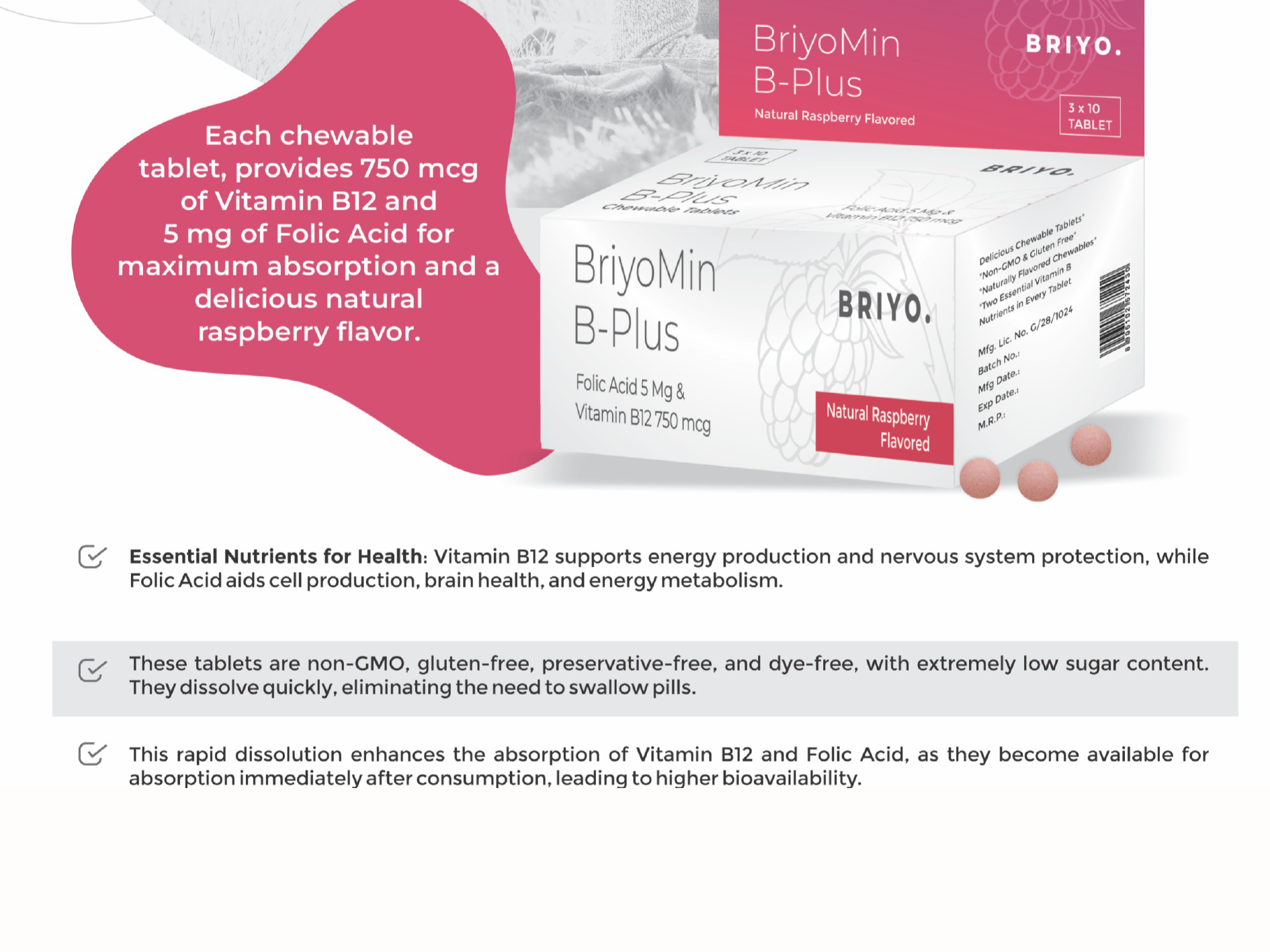 Briyomin B Plus: Raspberry Flavored Chewable Tablets-5 Mg Folic Acid&750 Mcg Vitamin B12 Supports Red Blood Cells,Dna Synthesis,And Nervous System Health (5X10 Tablet)