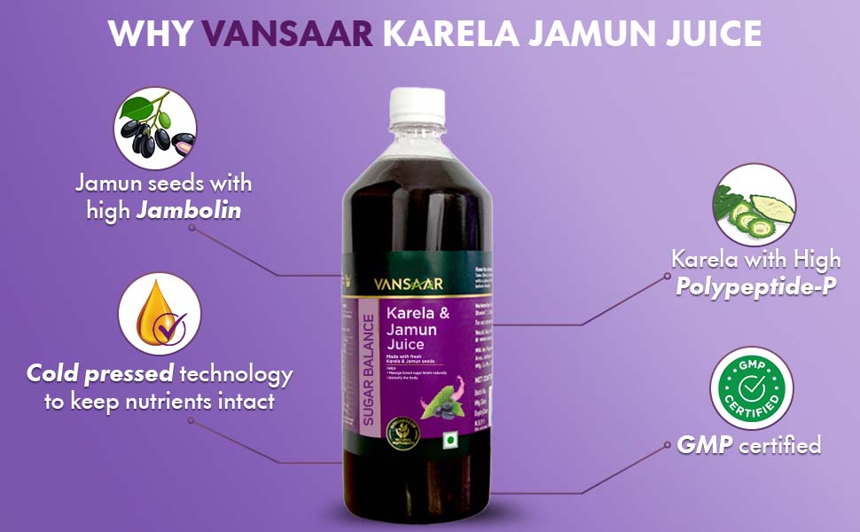Vansaar 45+ Karela Jamun Juice 1 litre | Natural Sugar Control for Diabetic Care | Manage Blood Sugar Levels with Fresh Karela & Kala Jamun| Sugar Free for Diabetes & Pre - Diabetes care