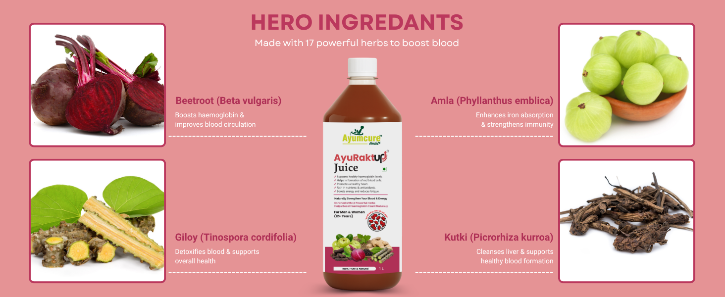 Ayumcure AyuRaktUp Juice 1L | Ayurvedic Blood Health & Iron Support Tonic with 17+ Herbs | Supports Hemoglobin, RBC Formation & Energy | Helps Reduce Fatigue | For Men & Women