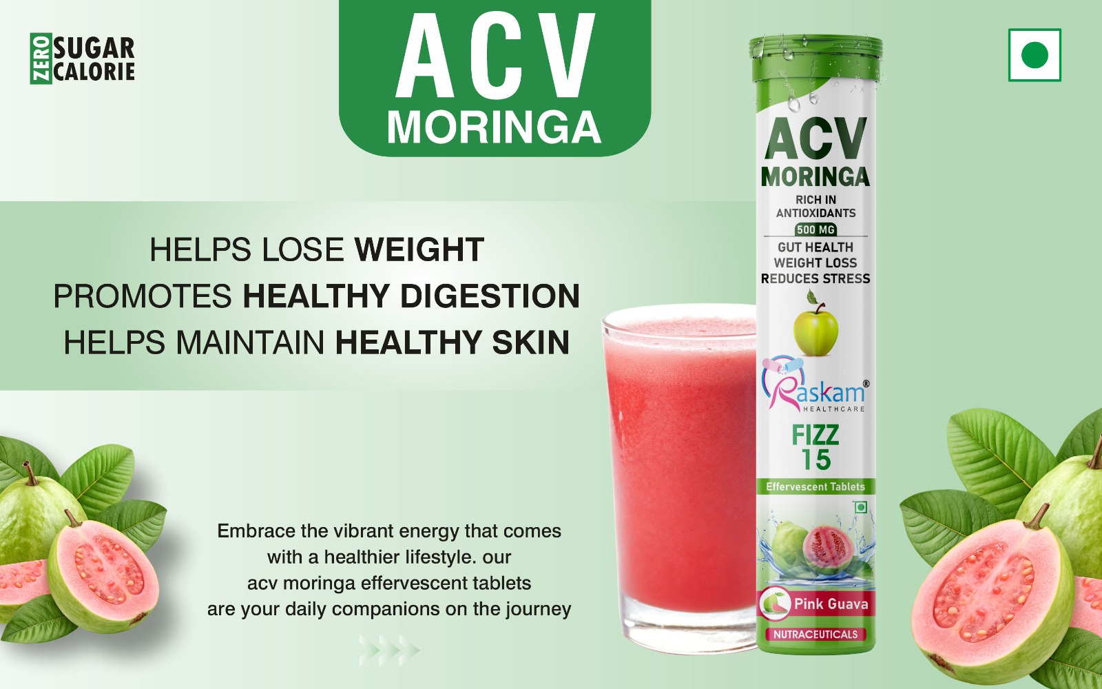 Apple Cider Vinegar Moringa Fizz Tablets 500mg – Pink Guava, Antioxidant & Immunity Booster, No Added Sugar – 15 Effervescent Tabs (Pack of 2)