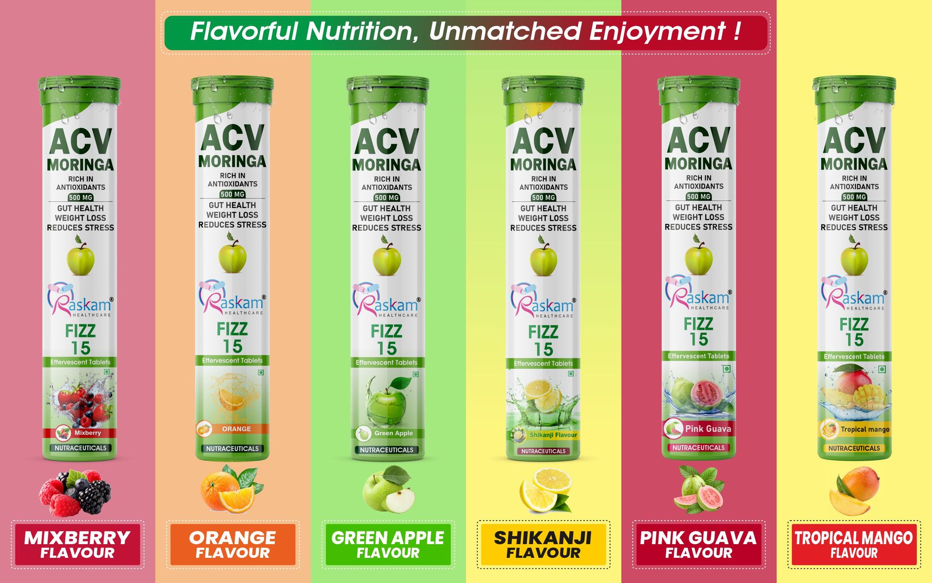 ACV Moringa 15 Effervescent Tablets 500mg Apple Cider Vinegar With No Added Sugar For Gut Health | Immunity Booster | Weight Loss | (Pack of 1, Refreshing Watermelon Flavour)