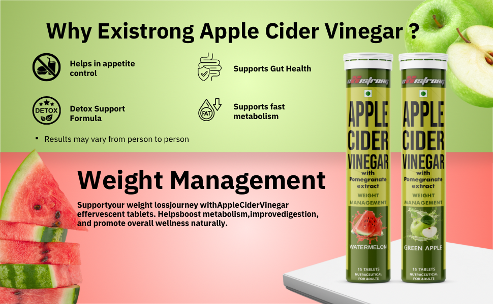 Apple Cider Vinager Effervescent Tablet With Pomgranate Extract | Appetite Control & Supports Metabolism (Pack Of 4, Watermelon Flavor 60 Tablet)