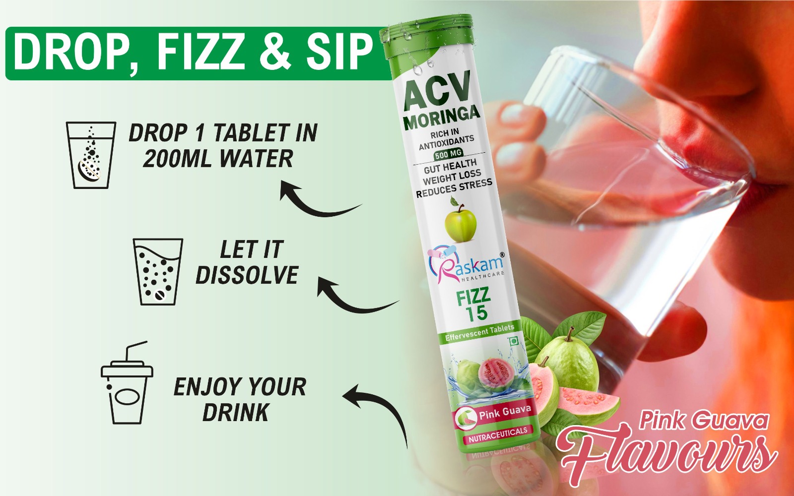 Apple Cider Vinegar Moringa Fizz Tablets 500mg – Pink Guava Flavor, Natural Energy & Appetite Support – 15 Effervescent Tabs (Pack of 5)