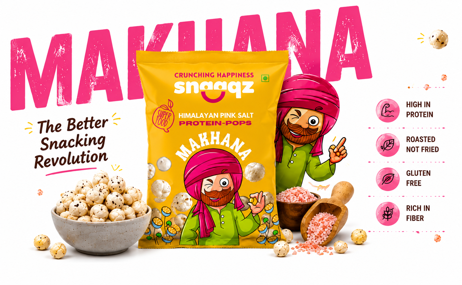 Snaaqz Himalayan Pink Salt Makhana | Guilt-Free, Low Calorie & High Protein | Perfect for Evening Hunger | Roasted Fox Nuts Pack Of 3(30gm Per Pack)