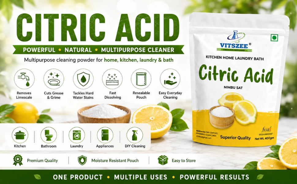 VITSZEE Citric acid 400gm | Nimbu Fool Multiple Purpose Uses For Home and Kitchen, Laundry bath