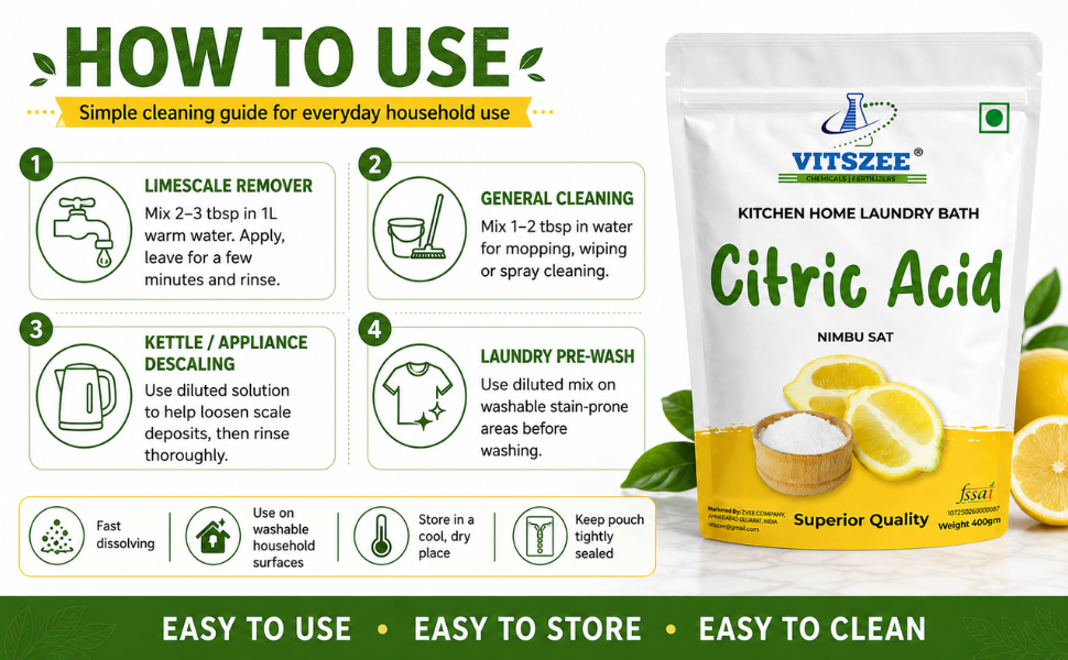 VITSZEE Citric acid 400gm | Nimbu Fool Multiple Purpose Uses For Home and Kitchen, Laundry bath