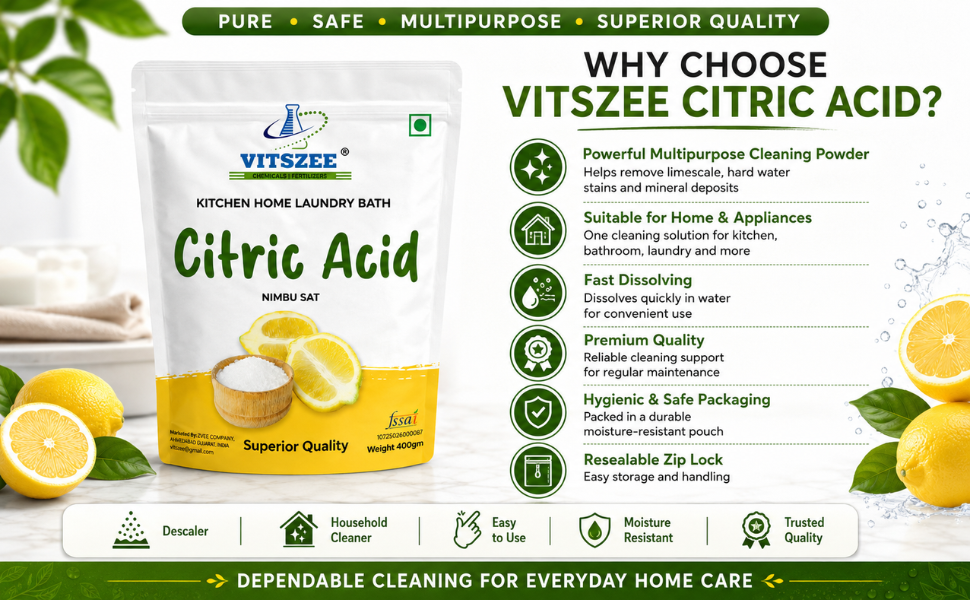 VITSZEE Citric acid 400gm | Nimbu Fool Multiple Purpose Uses For Home and Kitchen, Laundry bath