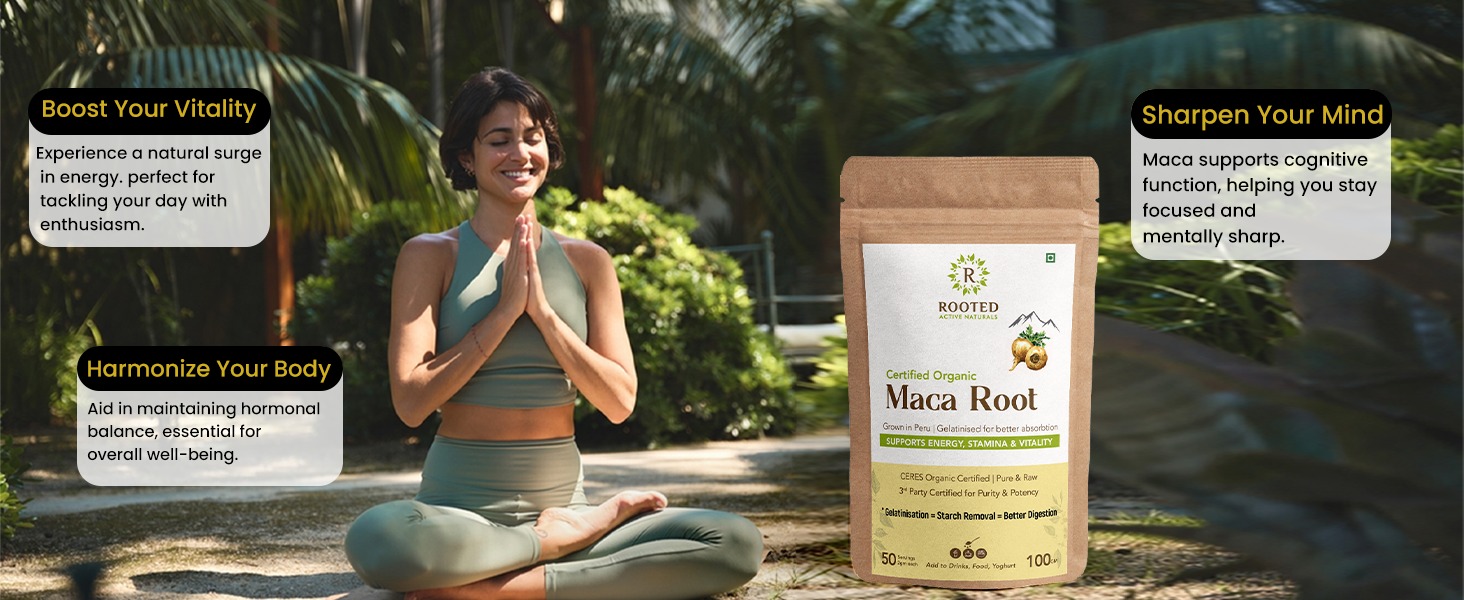 Rooted Active's Organic Maca Root Powder - Peruvian Superfood, Gelatinized for Easy Digestion, Traditionally Used for Energy and Hormone Balance, Certified Organic, 100 Grams