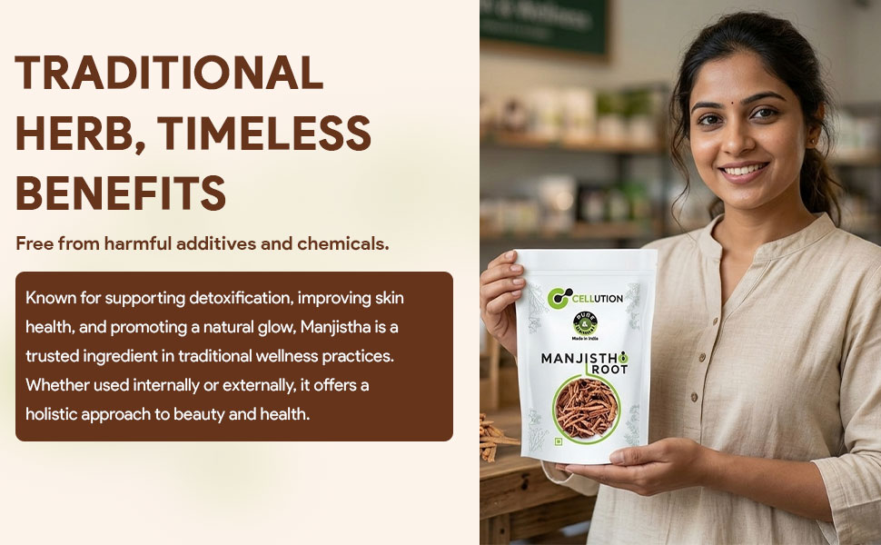 CELLUTION Manjistha Root Sticks - 100gm Majith | Indian Madder | Manjishtha | Manjishta | Manjista | Rubia Cordifolia (100 Grams)