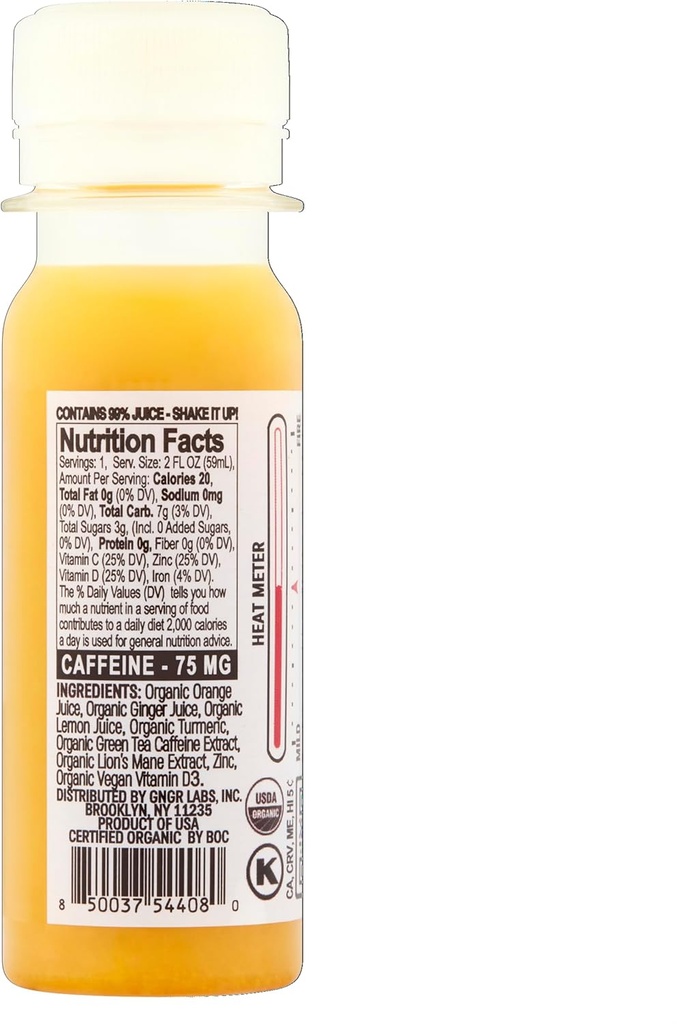 +GNGR Energy Booster & Immunity Shot, Cold-Pressed Ginger Shots with Lions Mane, 75mg of Natural Caffeine Green Tea, Turmeric Root, Vitamin D & Zinc for All Natural Immune Support (2 Oz, Pack of 12) 6