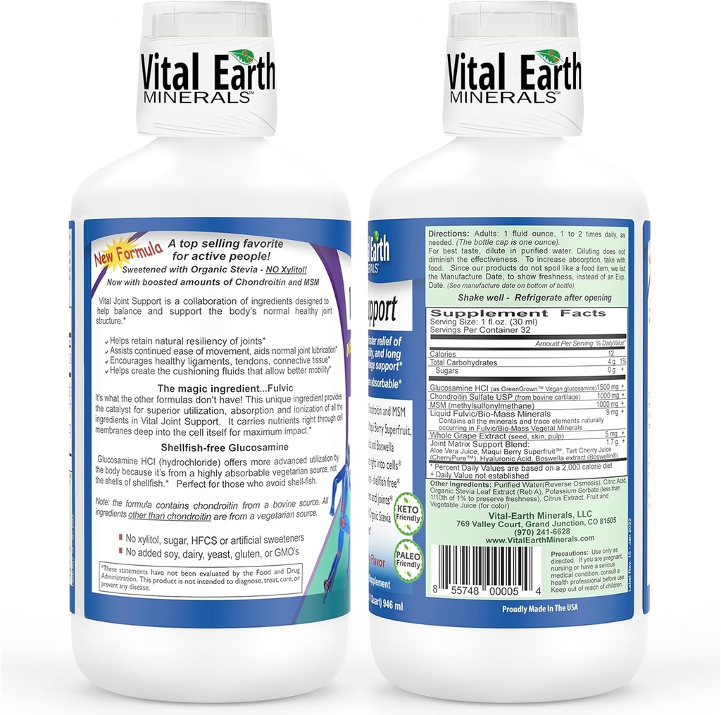 Vital Earth Liquid Joint Support Supplement 2-Pack – Glucosamine, Chondroitin, MSM Plus Hyaluronic Acid, Boswellia & Fulvic Acid (70+ Trace Minerals), 32 Oz Ea 3