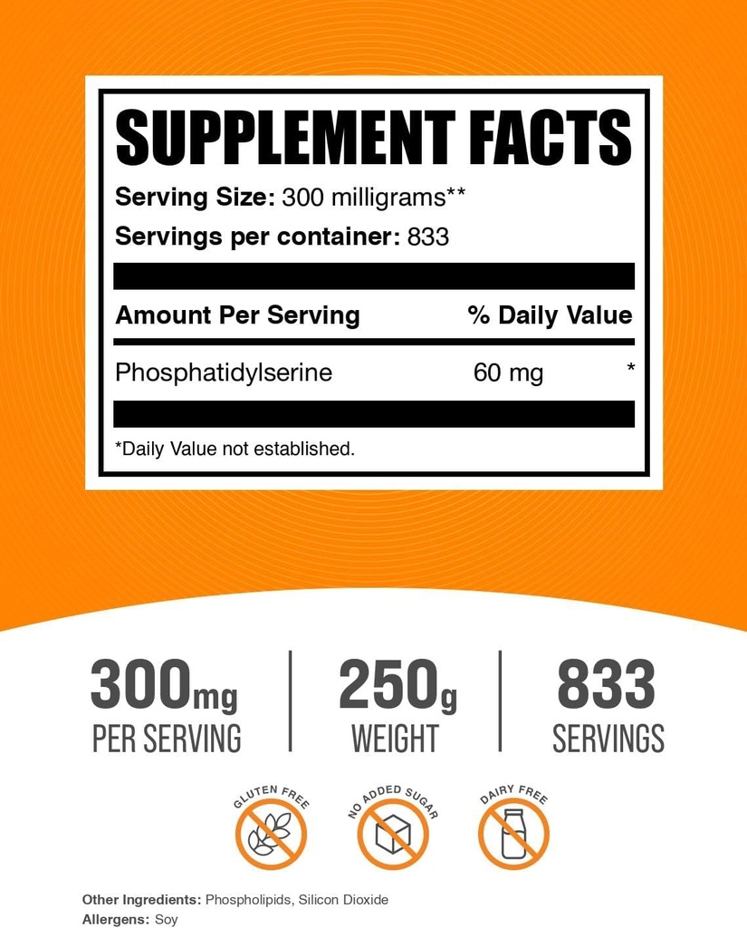 BulkSupplements.com Phosphatidylserine Powder - Phosphatidylserine Supplement, Sourced from Soy Beans - 300mg per Serving (60mg of Phosphatidylserine), 250g (8.8 oz) (Pack of 1) 3