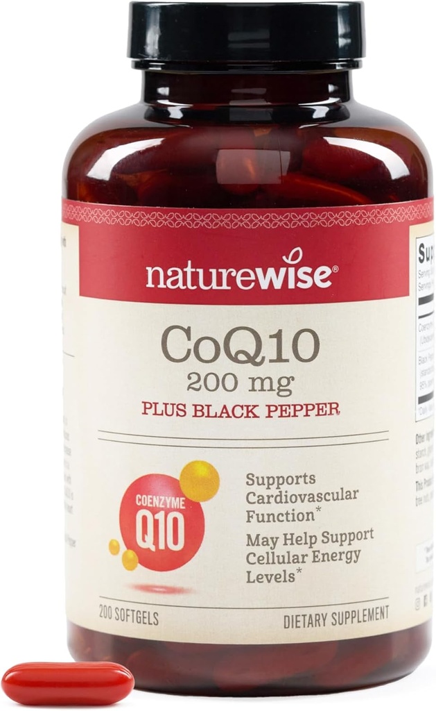 NatureWise CoQ10 200mg + Black Pepper Softgels - High Absorption Coenzyme Q10 + Black Pepper - Antioxidant for Heart Health + Cellular Energy - Vegan, Non-GMO, Gluten-Free - 200 Count[200-Day Supply] 2