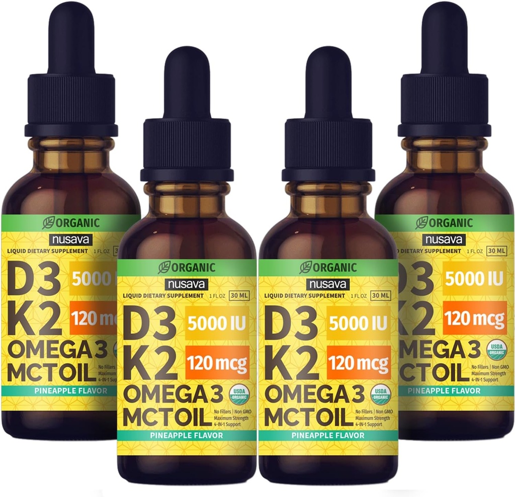 (4 Pack) Organic Vitamin D3 K2 Drops with MCT Oil Omega 3, Maximum Strength Vitamin D Liquid 5000 IU, No Fillers, Non-GMO Liquid D3 for Faster Absorption and Immune Support (Pineapple, 4 Fl Oz) 2