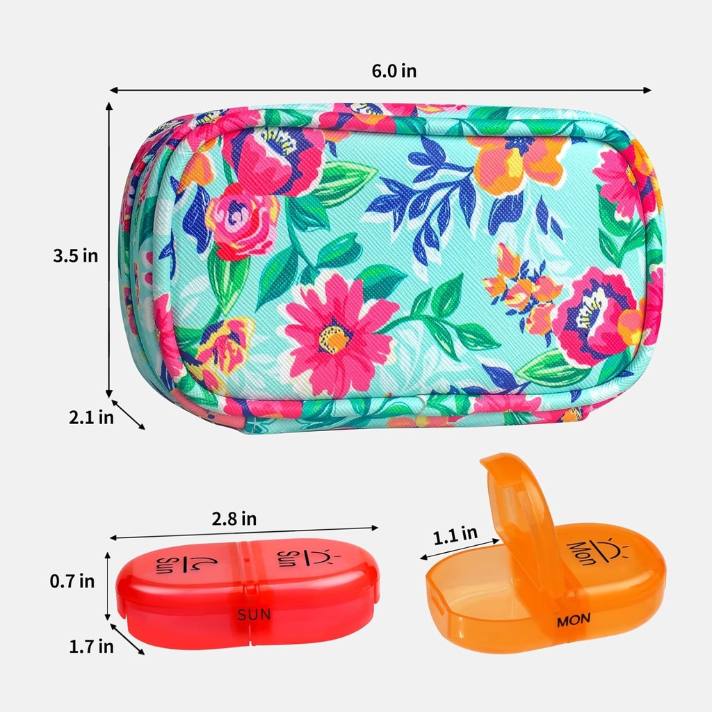 Serfeymi Weekly Travel Pill Organizer 2 Times A Day AM PM Upgraded Rainbow Pill Box 7 Day with Portable Zipper PU Leather Pill Case, Medicine Organizer for Pills, Vitamins, Fish Oils - Green-01 3