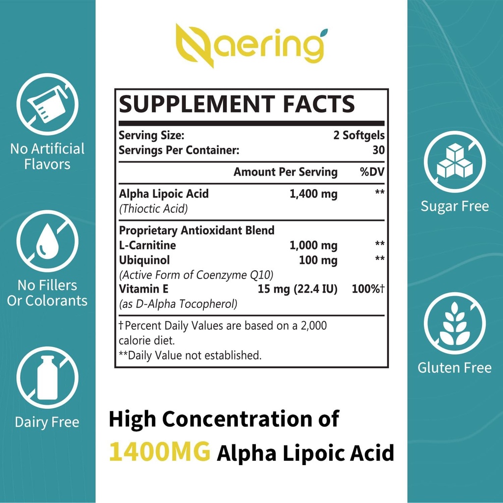 Liposomal Alpha Lipoic Acid 1400mg Softgels, ALA Supplement with L-Carnitine 1000mg, Ubiquinol (Active CoQ10) 100mg and Vitamin E 10mg,Alpha-Lipoic Acid for Antioxidants, Nerve,Energy 180 Softgels 3