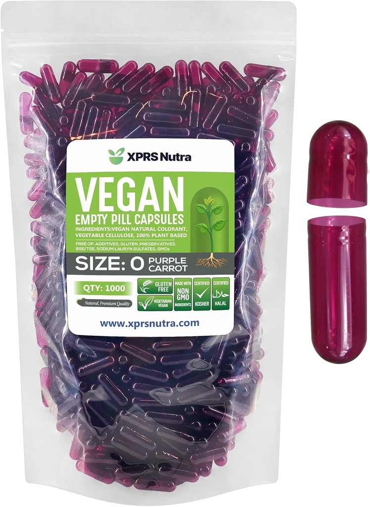 XPRS Nutra Size 0 Empty Capsules - 1000 Count Empty Vegan Capsules - Vegetarian Pills - DIY Vegetable Capsule Filling - Veggie Pill Caps for Do-It-Yourself Supplements (Purple Carrot) 2