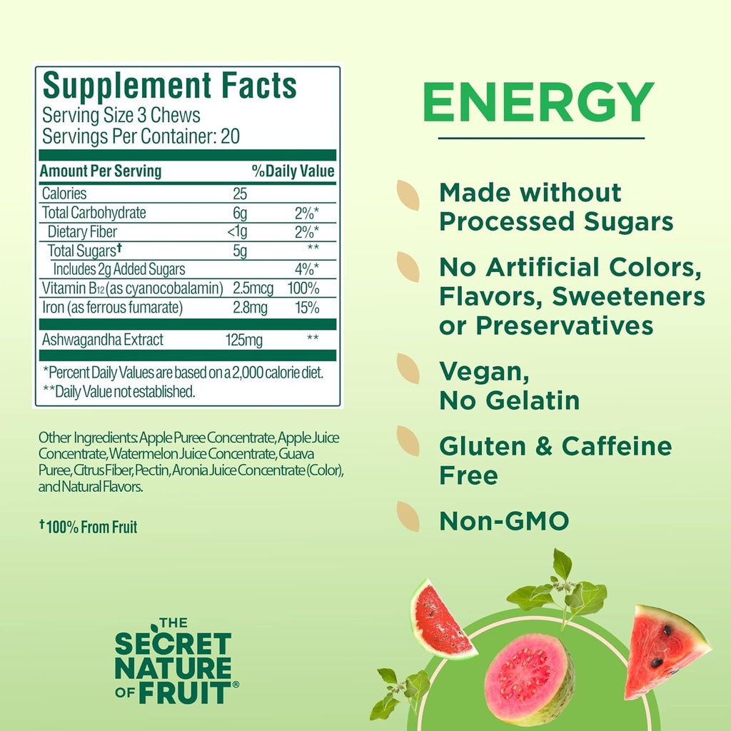 The Secret Nature of Fruit Beauty Chews, Real Fruit Powered Vitamin Chews with Vitamins A & E, Biotin, CoQ10, Strawberry & Pomegranate for Healthy Hair, Skin & Nails, Gummy, (60 Count) 3