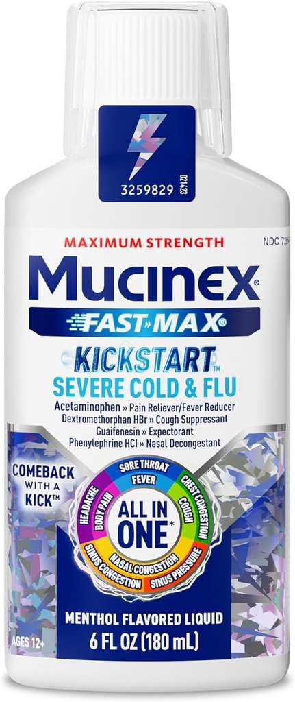 Mucinex Fast-Max Kickstart Severe Cold and Flu Medicine for Adults, Liquid Cold Medicine & Cough Medicine for Adults, Generic Expectorant Guaifenesin & Cough Suppressant Dextromethorphan, 6 Fl Oz 2