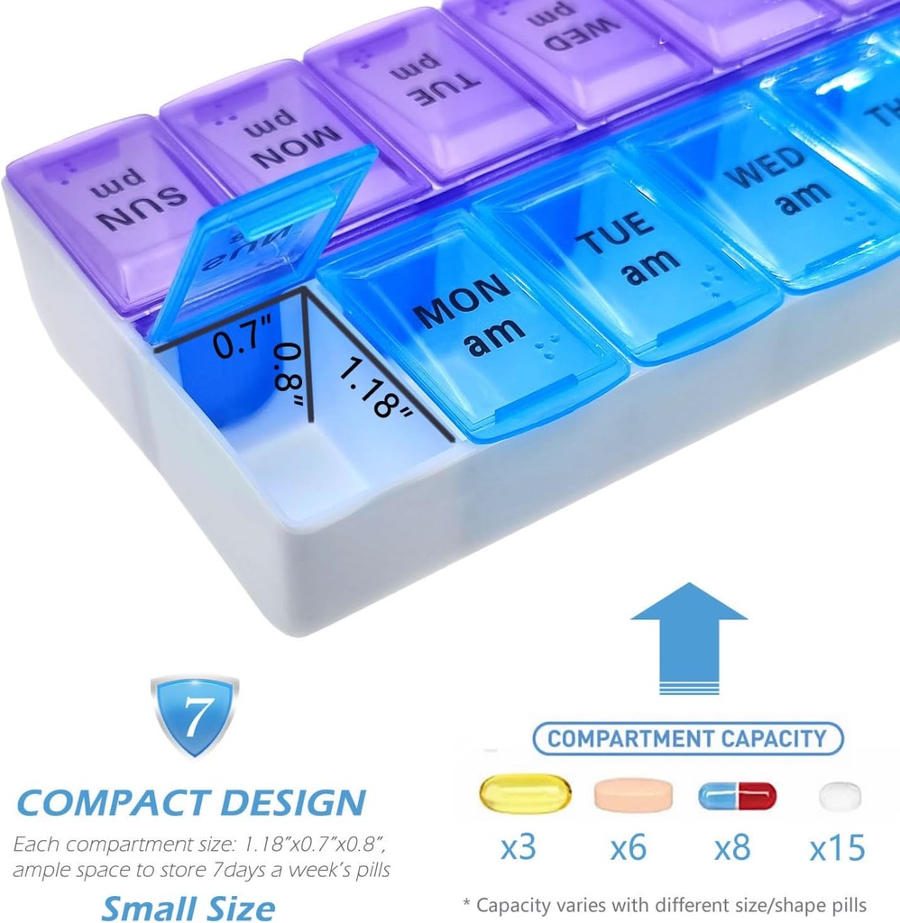 VOFOON Travel Pill Organizer 2 Times a Day, PU Leather Portable Pill Case for Women/Men, 7 Day AM PM Pill Box with Travel Pouch Medicine Organizer for Vitamins Medicine Fish Oils Supplements (Small) 5