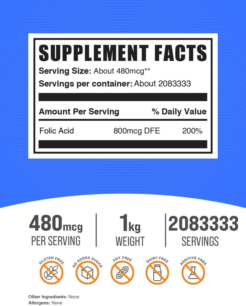 BulkSupplements.com Folic Acid Powder - Folate Supplement, Vitamin B9 - Gluten Free, 480mcg per Serving, 1kg (2.2 lbs) (Pack of 1) 3