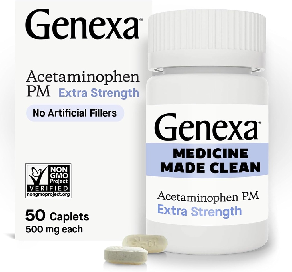 Genexa Clean Acetaminophen PM 500mg Extra Strength, Dye Free Pain Reliever, Nighttime Sleep Aid, Fever Reducer, 0% Artificial Additives, Relieves Headache, Backache, Minor Arthritis Pain, 50 Tablets 2