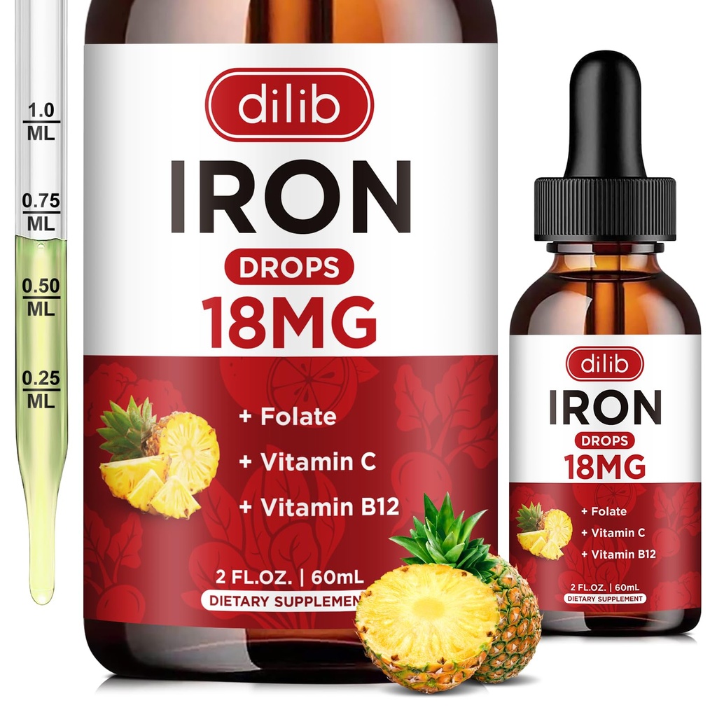 Flüssige Eisen-Ergänzung für Frauen und Männer Eisen Tropfen Eisen Ergänzungen für Anämie mit Folat, Vitamin C, B12 für Rote Blutzellen Unterstützung-Pineapple Flavor, 2 Fl Oz