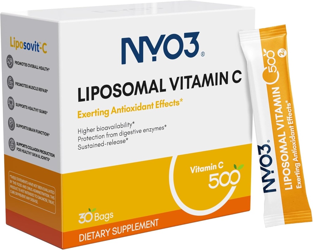 NYO3 Liposomales Vitamin C-Pulver, unterstützt Immunsystem & Collagen Booster, Leistungsstarkes Antioxidans, Verbesserung der Hautgesundheit, Glutenfrei, hohe Absorption Vitamin C, 500mg, 30 Count