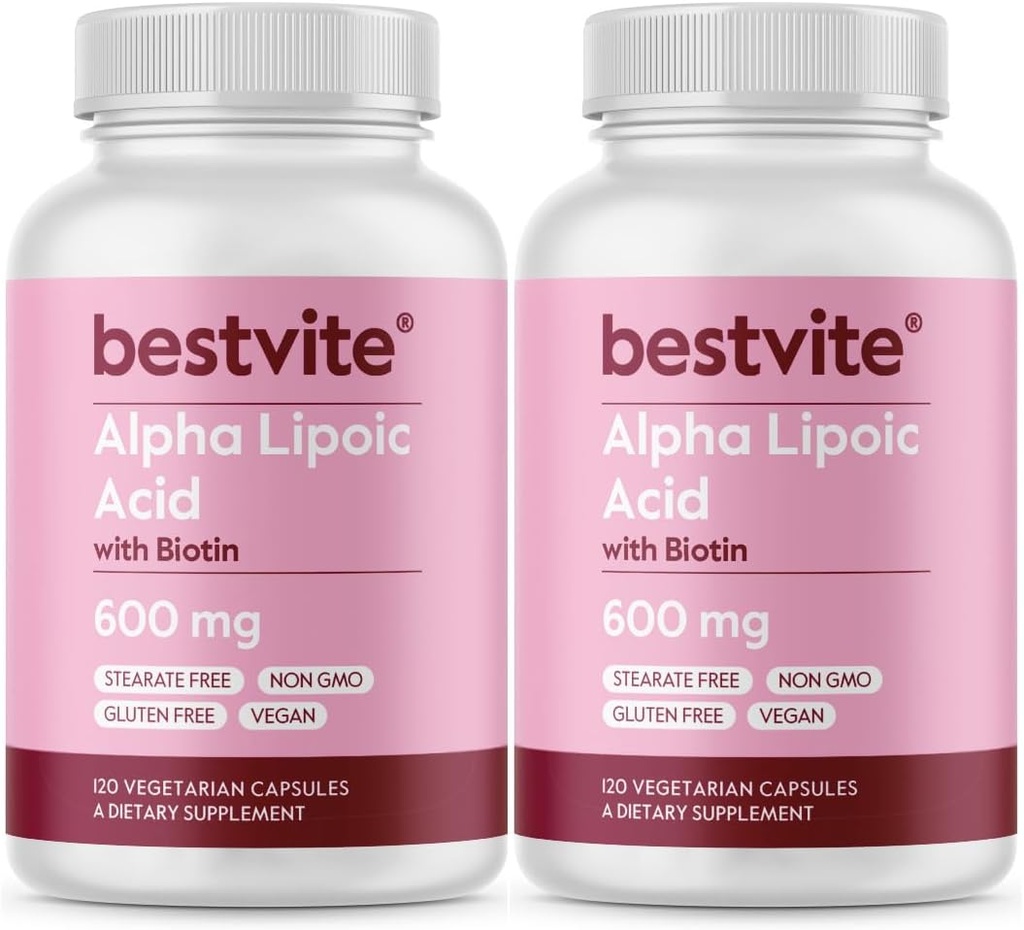 Alpha Liponsäure 600mg (pro Kapsel) mit Biotin zur Steigerung der Absorption (240 vegetarische Kapseln) (2 x 120) Keine Füllstoffe - keine Stearaten - keine Fließmittel