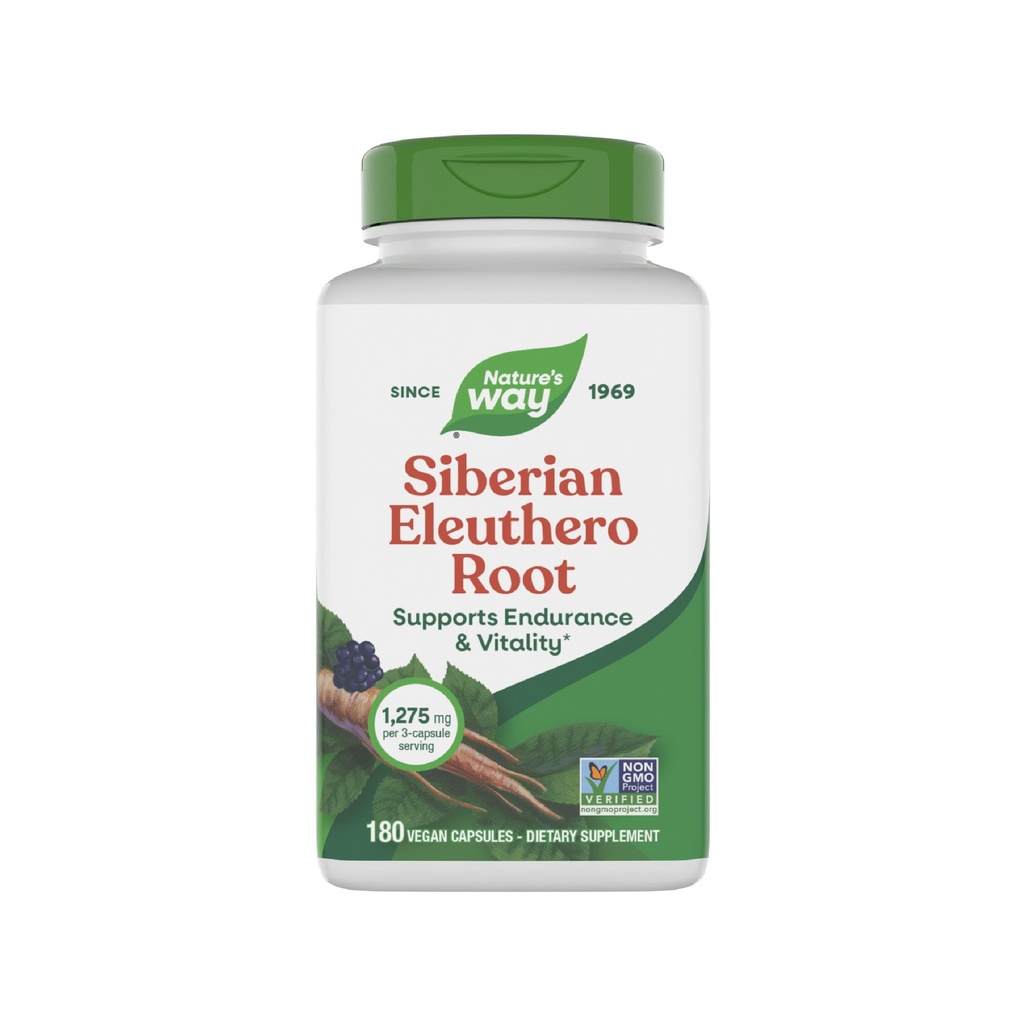 Nature's Way Premium Kräutersibirische Eleuthero Wurzelergänzung, unterstützt Endurance & Vitality*, Adaptogen*, 1.275mg pro 3-Capsule Serving, Non-GMO Project Verified, 180 Capsules (Packaging May Vary)