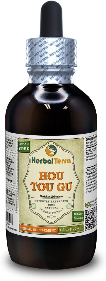 HOU TOU Gu (Hericium Erinaceus) Teinture, Extrait liquide de champignons séchés (Marque: HerbalTerra, Fièrement fabriqué aux États-Unis) 4 fl.oz (120 ml)