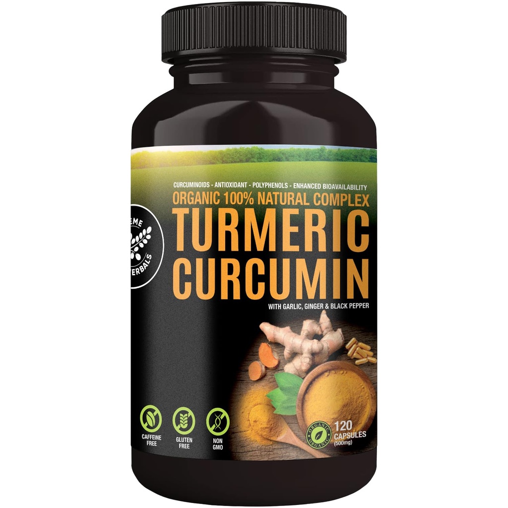 Capsules de curcumine curcumine à 100% crus et organiques. Certifié biologique, sans gluten, sans OGM et sans caféine. Enrichi avec l'ail, le gingembre et le poivre noir, 500mg, 120 Capsules Vegan