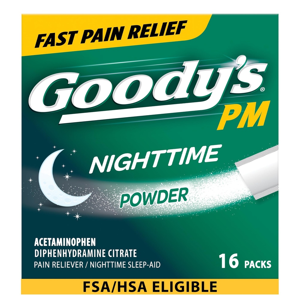 Goody's Nacht-Pulver, Schmerz-Reliever & Schlaf-Hilfe mit Acetaminophen & Diphenhydramin Citrat, Koffeinfrei, 16 Zähler