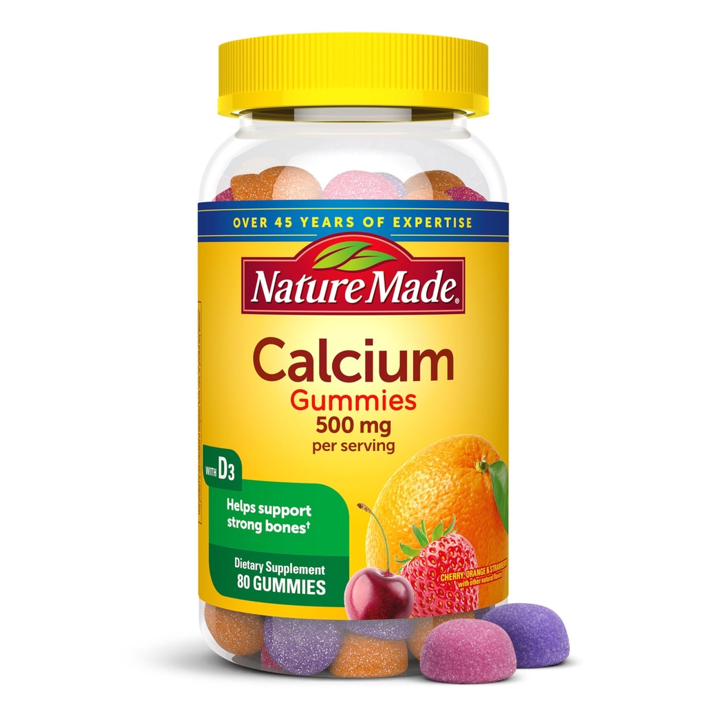 Nature faite Gommies de calcium 500 mg par portion de vitamine D3, supplément de calcium alimentaire pour le soutien des os, 80 Gommies, 40 jours d'approvisionnement