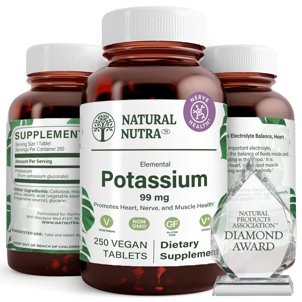 Natural Nutra Elemental Kalium Gluconate 99 mg Nahrungsergänzung – Fördert Energie, fördert Nervous System, fördert Herzgesundheit, Mineralverordnung, Muskelfunktion - 250 Vegan Tabletten