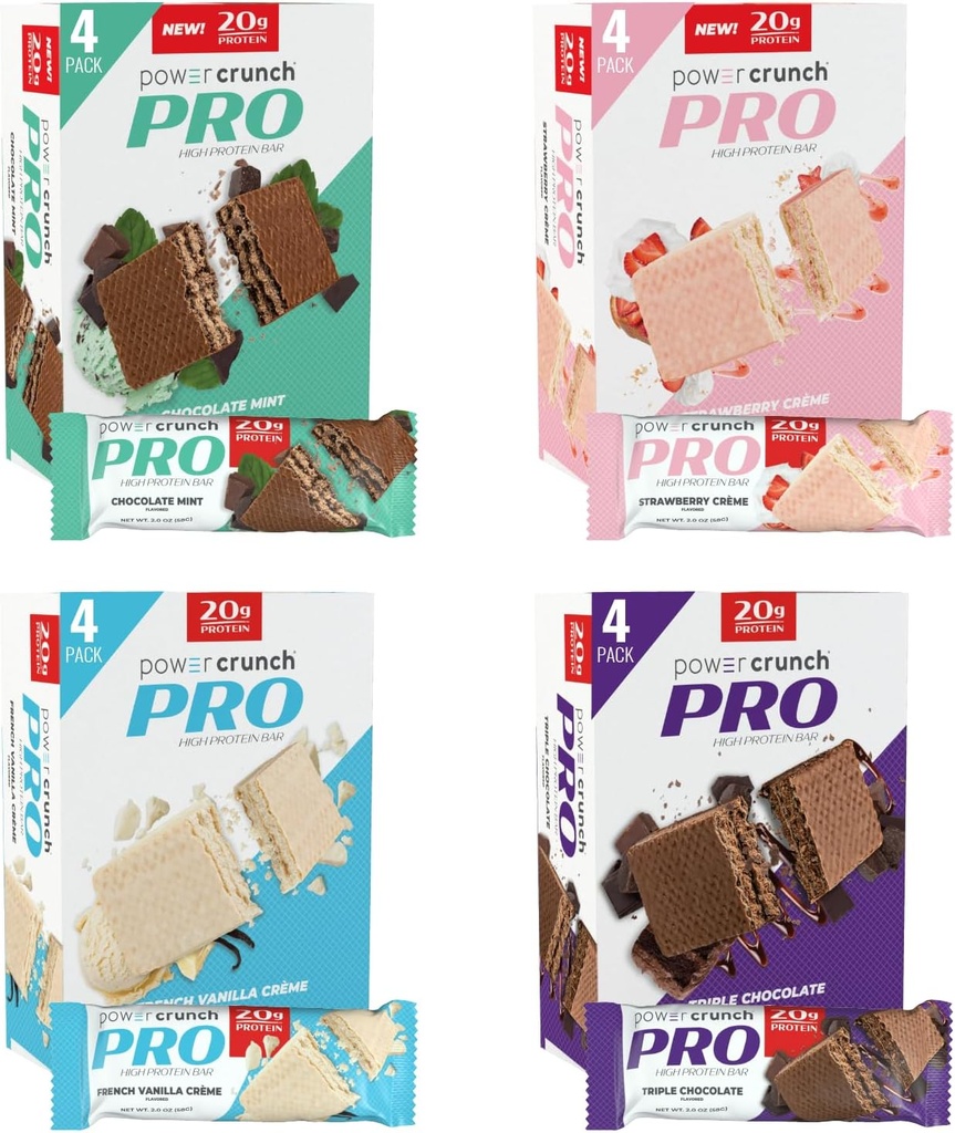 Power Crunch PRO Protein Wafer Bars, Variety Pack, in 4 Flavors 2.0 Ounce Bars (16 Count). Hohes Protein