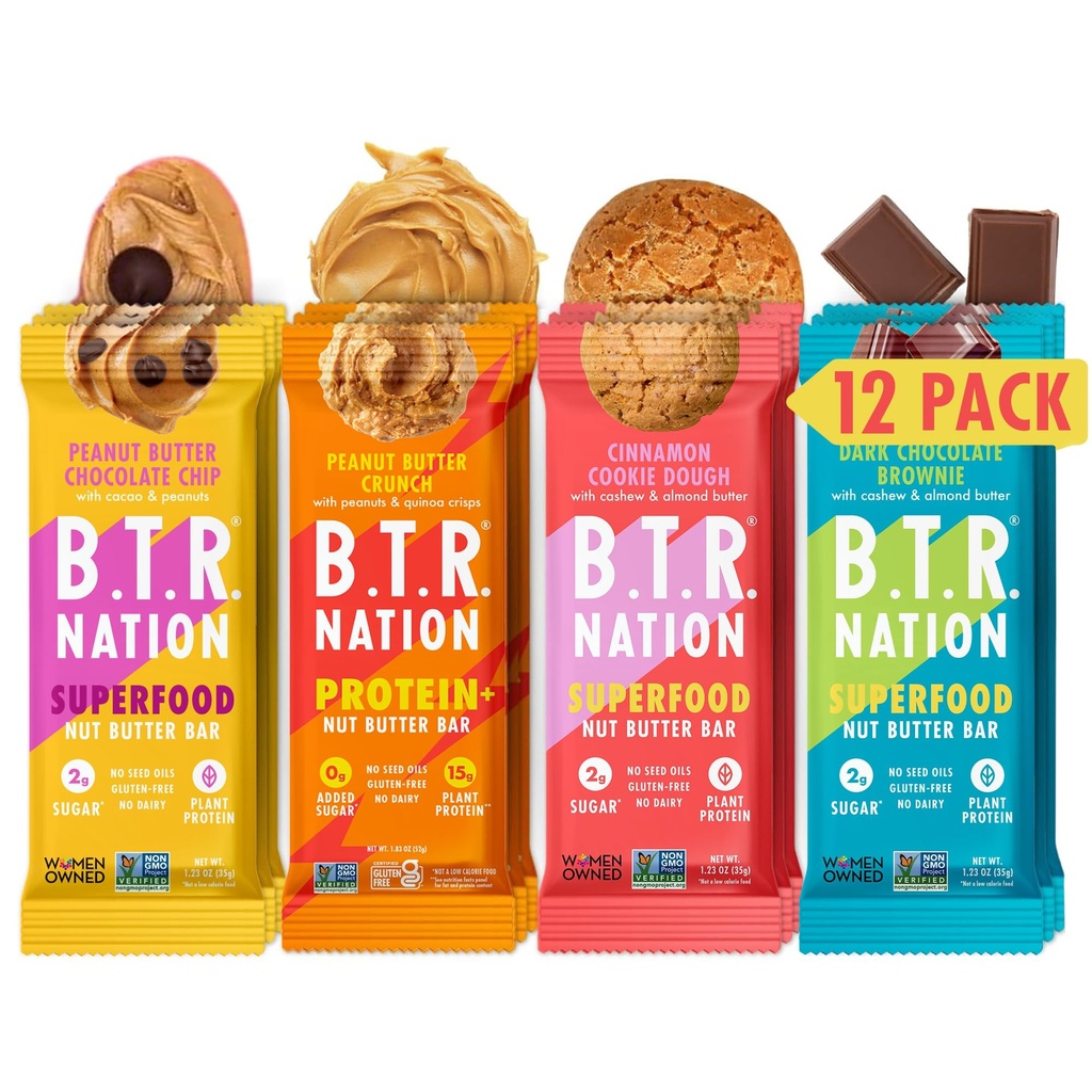 B.T.R. Nation Superfood Keto Protein Bar - Pflanzenbasiertes Vegan Protein | (12 Pack) Variety Pack | Low Carb Food, Low Calorie, Glutenfrei, Keine Zuckeralkohole, mit Superfood gesteigert