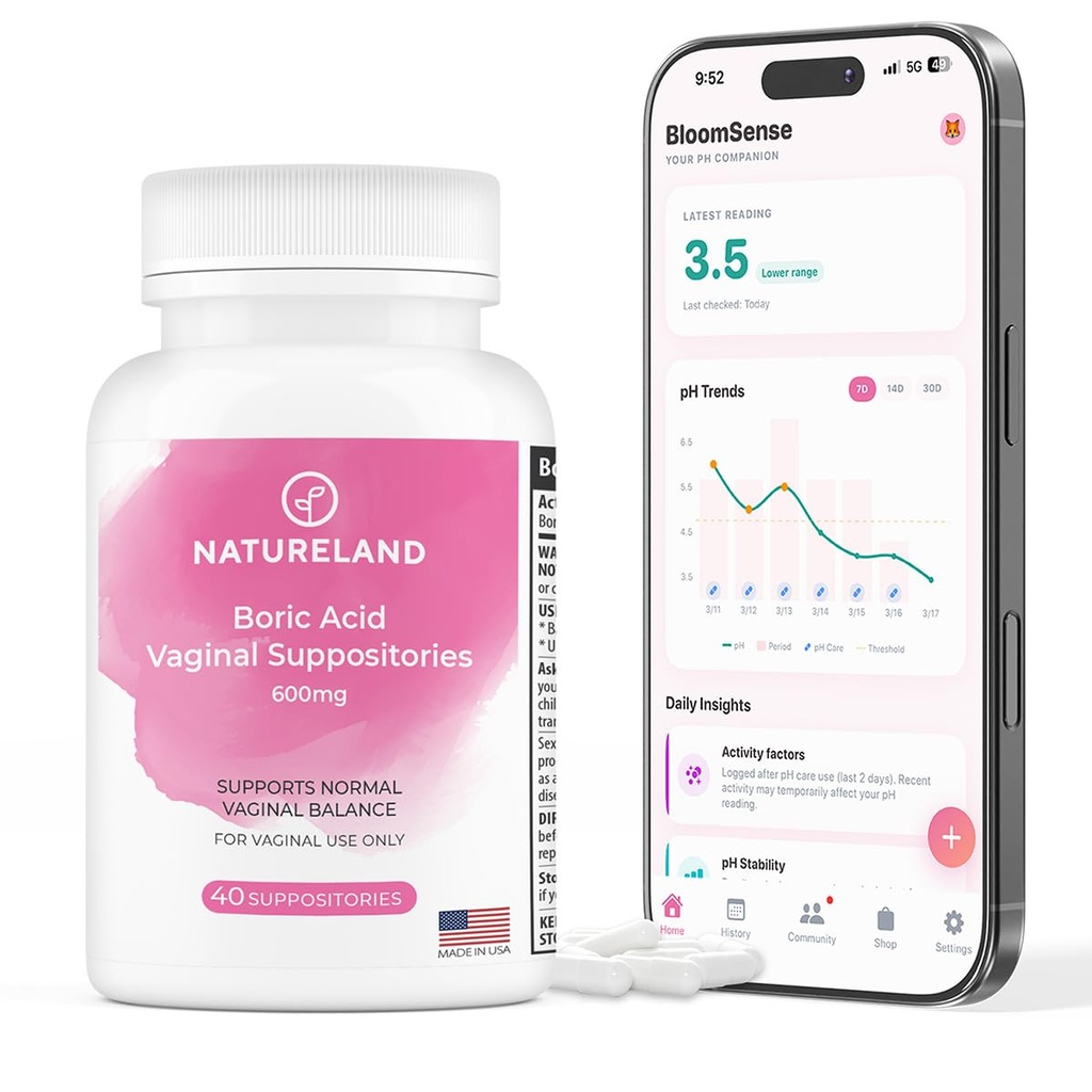 Natureland 40 Count, 600mg Borsäure Vaginal Suppositorien, Made in USA, Wiederherstellen pH Balance und Reduce Dryness, Odors, Itchiness und Entladung, Unterstützung Intimate Gesundheit (40 Count (Pack von 1))
