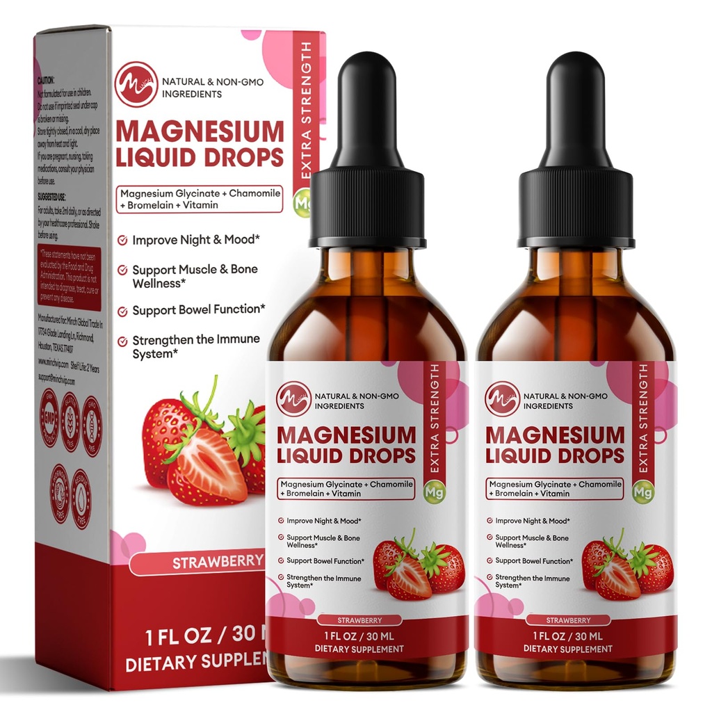 M inch Magnésium Glycinat liquide, haute absorption Magnésium gouttes liquides avec fibre de cellulose, Bromelain, vitamine B6, C, D, zinc, supplément de magnésium pour les enfants et les adultes, fraise, 2 pack
