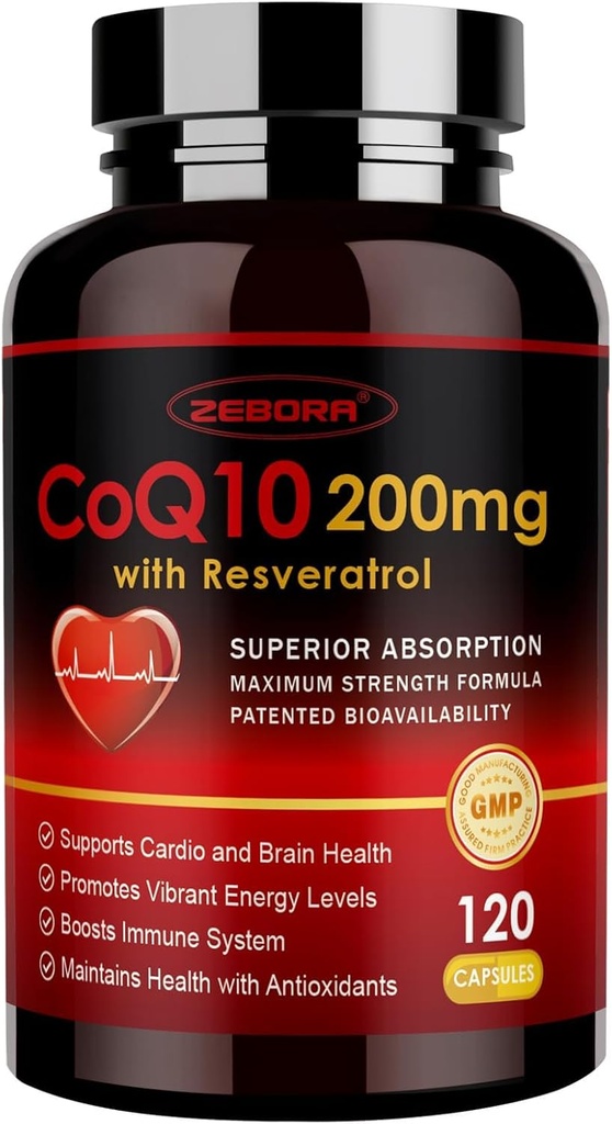 ZEBORA CoQ10-200mg with Trans-Resveratrol, PQQ & Vitamin E - High Absorption Coenzyme-Q10 with BioPerine - Powerful Antioxidant for Heart & Energy-Production,120 Veggie Capsules