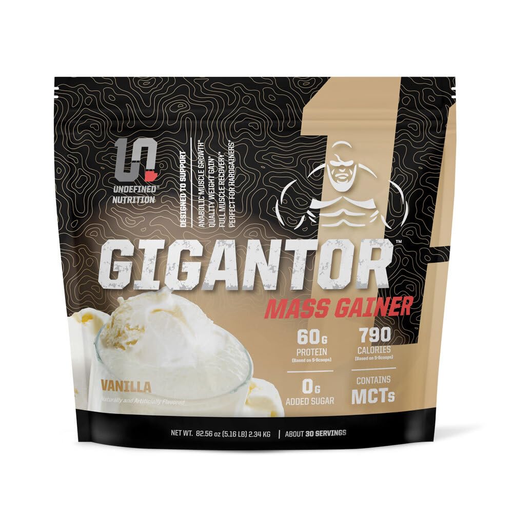 Undefined Nutrition Gigantor Mass Gainer by Brian Shaw (60g Protein, 30 Servings, up to 790 Quality Calories) – Hardcore Hard Gainer Formula with 5- Phase Protein Blend (5.16 lbs, Vanilla)