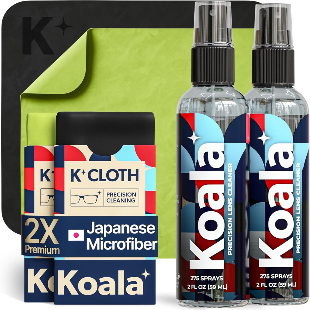 Koala Eyeglas Lens Cleaner Spray Kit | (2x) Gläser Reiniger Flasche + (2x) Microfiber Cloth | Alkoholfreie Gläser, Bildschirm und Kamera Reinigungsset | Made in USA (4 Stück Set)