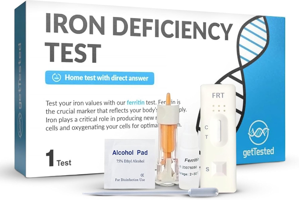 getTested Iron Deficiency Test Kit – bei Home Blood Test für Anämie mit schnellen Ergebnissen – Fingerprick Sample, No Lab Visit Needed – Klinisch validierter Check für niedrige Eisenstufen