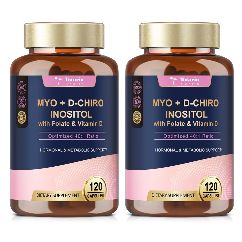 Totaria Inositol Supplement für Frauen mit Vitamin D3, Folate, 40:1 Ratio Myo-Inositol & D-Chiro Inositol Complex, (Vitamin B8) Inositol Kapseln, Packung von 2