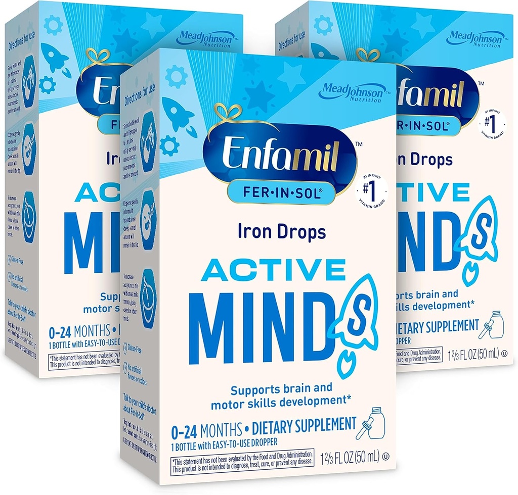 Enfamil Fer-In-Sol Eisen Ergänzung Tropfen für Infants & Kleinkinder, unterstützt Gehirnentwicklung, 50 mL Dropper Flasche, Paket von 3