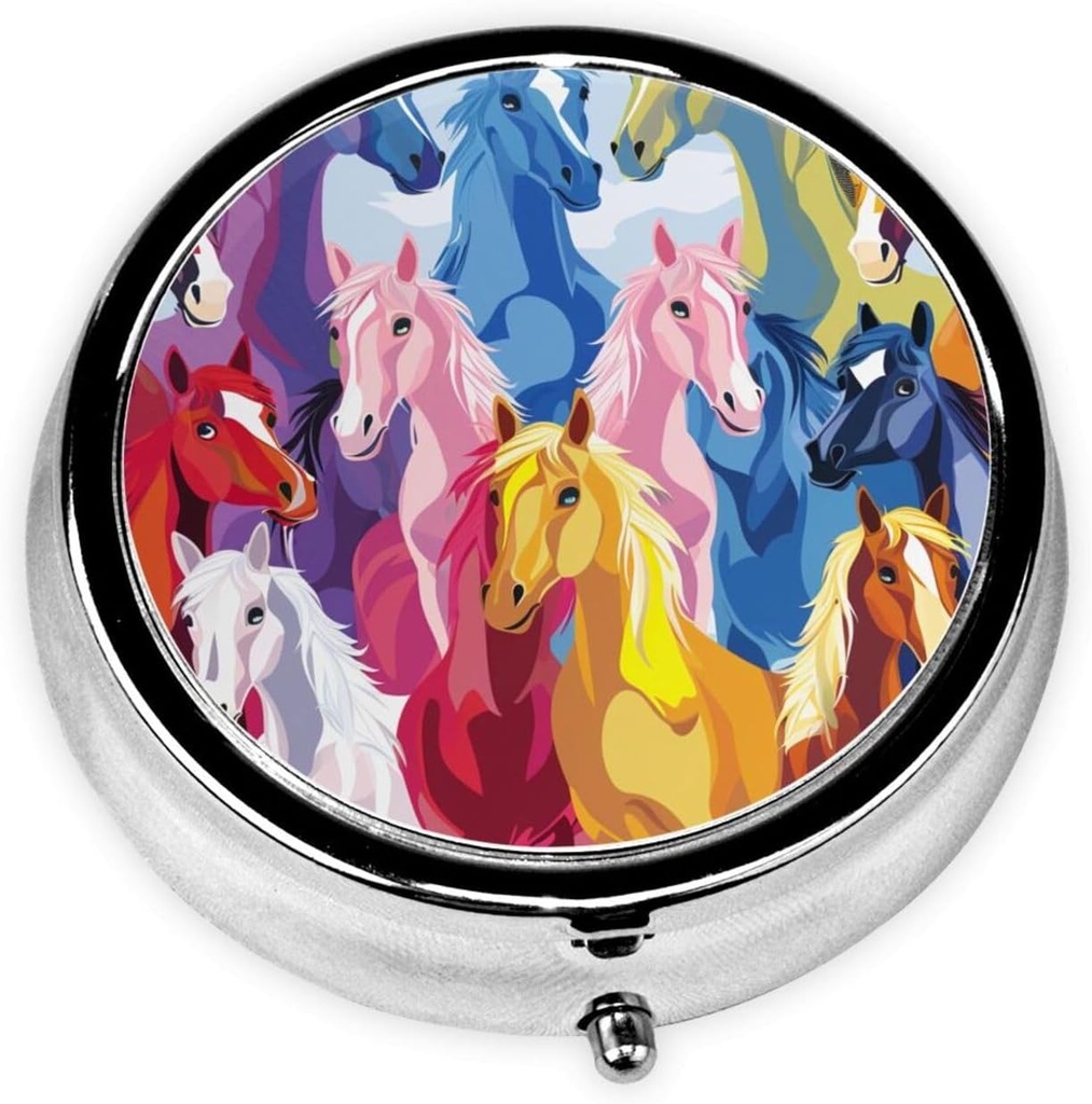 Cute Cartoon Horses Printed Round Pill Organizer with 3 Compartments, Portable Mini Pill Box Pill Case for Medicine, Vitamin, Fish Oil, Supplements