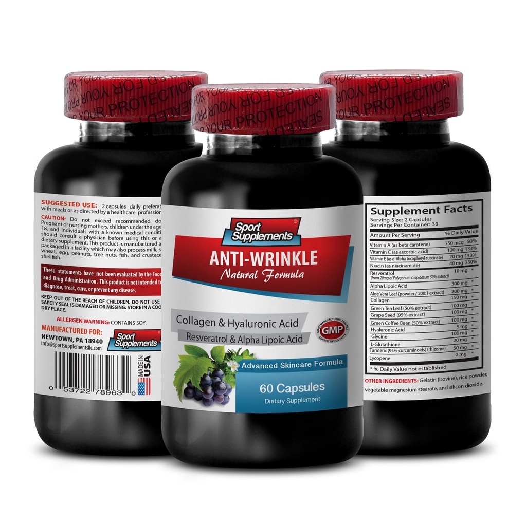 Resveratrol 250 - Anti-Wrinkle Pillen - Anti-Alter Hautpflege für Frauen, Kollagen Anti-Falten-Pille, Aloe Vera Saft für Haut, Aloe Vera Kapseln Bio, Hauloronsäure Vitamine, 1 Bot 60 Kapseln